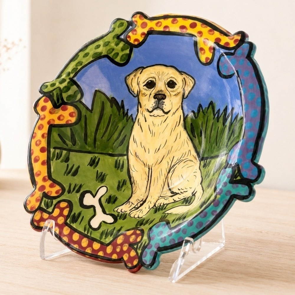 Hand-Painted‎ Yellow Lab Pottery Colorful Bones Border Signed Art Dog Lover Gift